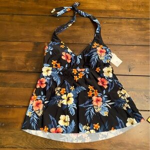 Lands' End Black Floral XS Tankini Top with Adjustable Halter neck tie brand new